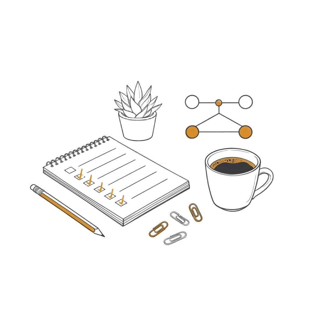 Editorial illustration of an organized project workspace with a checklist, plant, and a small flow diagram